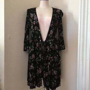 [Lily Morgan] Ruched Rose Print Tie Front Long Cardigan | L | Fair